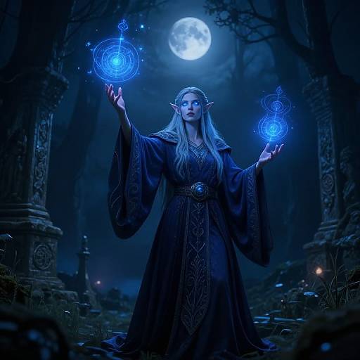 Digital artwork of a blue-haired elf woman in a dark robe, standing under a full moon, conjuring glowing blue magical circles with outstretched hands