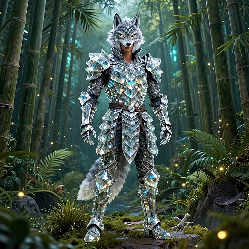 Digital art of a silver-furred wolf warrior in reflective, crystal-like armor standing in a glowing, enchanted forest with bamboo and fireflies.