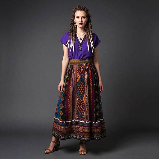 Photograph of a woman with dark skin and long braids, wearing a purple top, colorful patterned skirt, and brown sandals, standing against a
