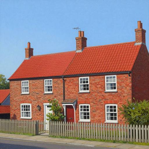 Photograph of a red-brick, two-story house with a red-tiled roof, white-framed windows, red front door, and a white