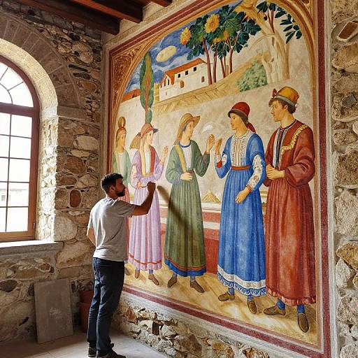 Photograph of a man admiring a colorful medieval fresco on a stone wall, depicting six women in traditional blue, pink, and brown dresses.