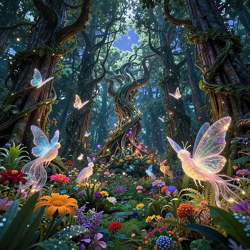 Fantastical forest scene with glowing, iridescent butterflies flitting among vibrant flowers and twisting, enchanted trees, bathed in ethereal light.