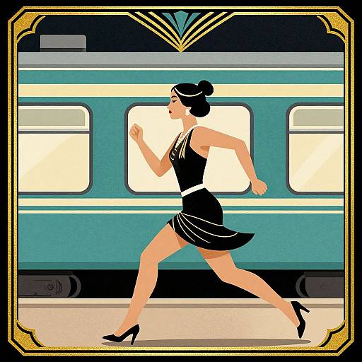 Art deco-style digital illustration of a woman in a black dress and heels, running on a train platform with a blue train in the background. Ornate