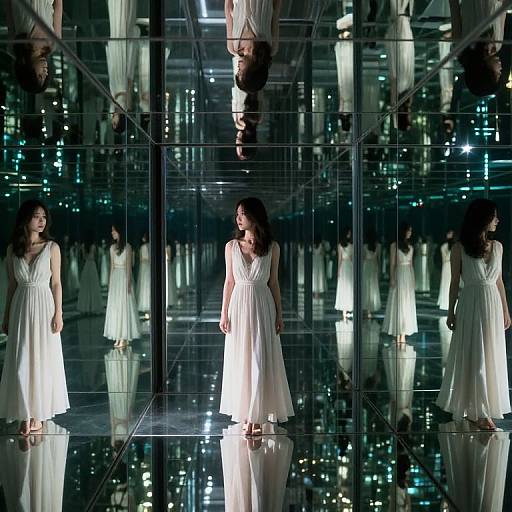 Photograph of a woman in a white, sleeveless dress standing in a mirrored room, surrounded by multiple reflections, creating a surreal, illuminated effect.
