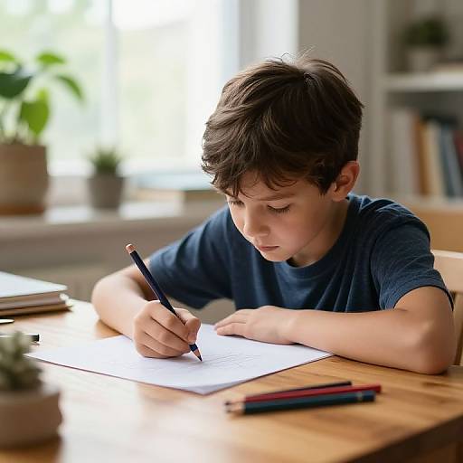 Photograph of a young boy with dark brown hair, wearing a blue shirt, writing on paper at a wooden table, with pencils and potted plant