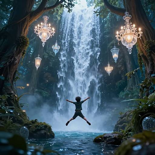 Digital fantasy artwork: Silhouetted child with arms outstretched jumps mid-air beneath a glowing, crystal chandelier-lit waterfall in a mystical