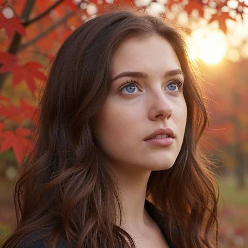 Photograph of a young woman with fair skin, blue eyes, and long brown wavy hair, gazing upward against a blurred autumn background with red
