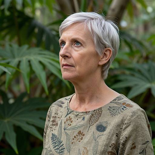 Photograph of an elderly woman with short gray hair, wearing a floral-patterned green blouse, standing against a lush green leafy background. She looks
