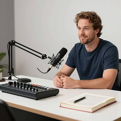 Photograph of a smiling, bearded man with curly brown hair, wearing a navy shirt, sitting at a white desk with a microphone, laptop,