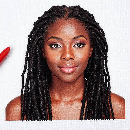 Photorealistic digital portrait of a beautiful Black woman with long, neat dreadlocks, dark skin, subtle makeup, and a neutral expression, against a