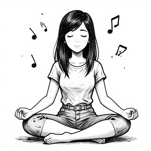 Black-and-white manga-style drawing of a young woman with closed eyes, sitting cross-legged in a meditative pose, wearing a t-shirt and shorts,