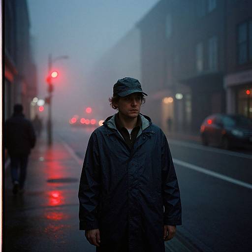 Foggy Night Man in Raincoat
