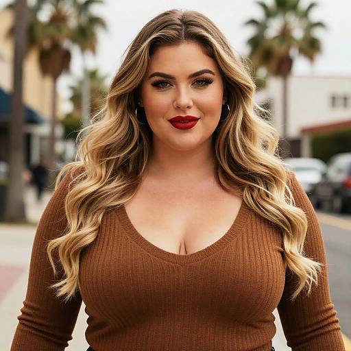Curvy Blonde Woman in Brown Sweater