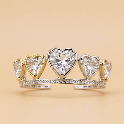 Photograph of a gold ring with five heart-shaped diamonds, three large and two smaller, set in a sparkling band against a soft orange background.