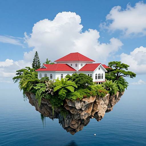 Photograph of a white, red-roofed house on a rocky, lush-green island floating above calm, blue ocean under a bright, cloudy sky