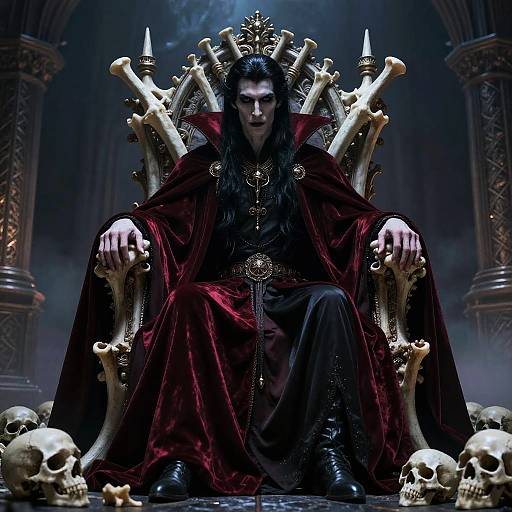 Photograph-style digital artwork of a dark, gothic king with long black hair, wearing a red velvet robe, sitting on a bone-adorned