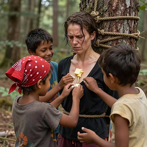 Children Applying Butter on Woman Bound to Tree