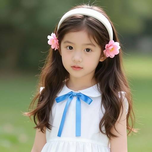 Young Girl in White Dress with Ribbon