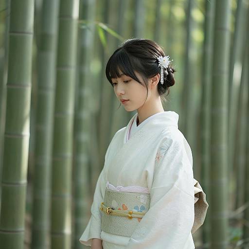Photograph of a young Japanese woman with pale skin, dark hair, and white floral hairpin, wearing a white kimono with a patterned ob