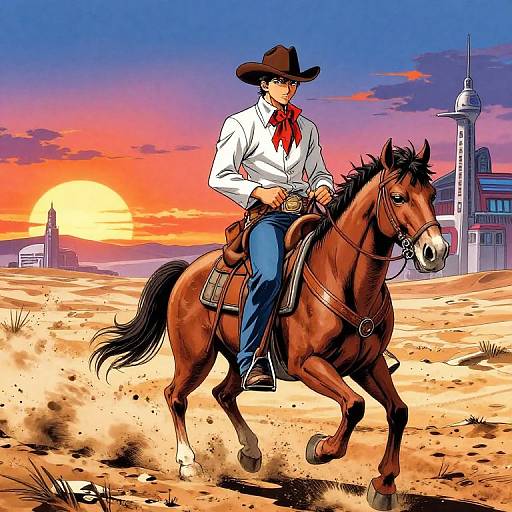 Colorful digital illustration of a cowboy in white shirt, blue jeans, red bandana, brown hat, riding a brown horse at sunset in a desert