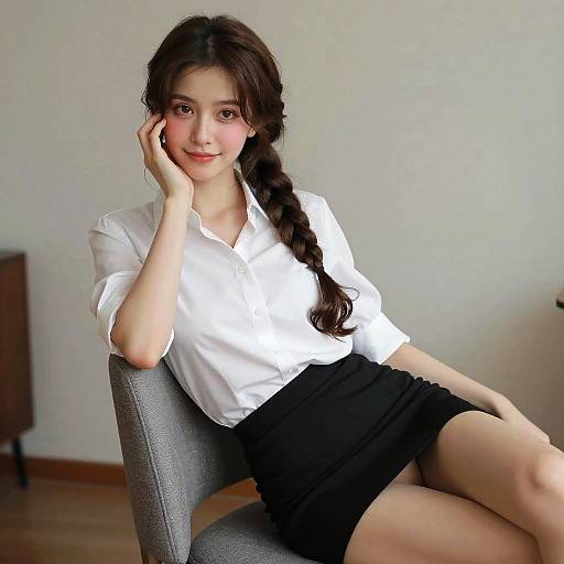 Photograph of a young Asian woman with long braided hair, wearing a white blouse and black skirt, sitting on a gray chair, resting her head