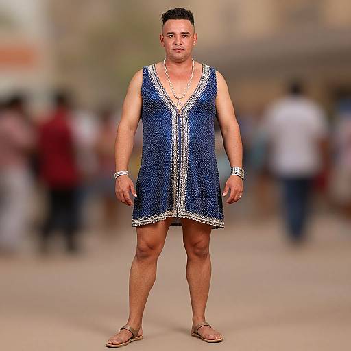 Photograph of a muscular man with short black hair, wearing a blue embroidered sleeveless tunic, white wristbands, and brown sandals, standing in