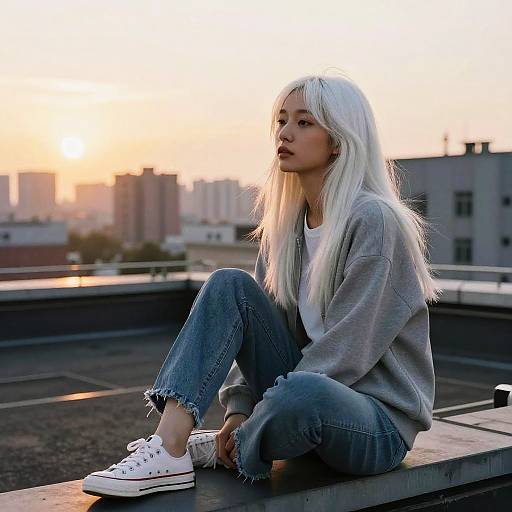 Photograph of a white-haired woman with light skin, wearing a gray sweatshirt, blue jeans, and white sneakers, sitting on a rooftop at sunset