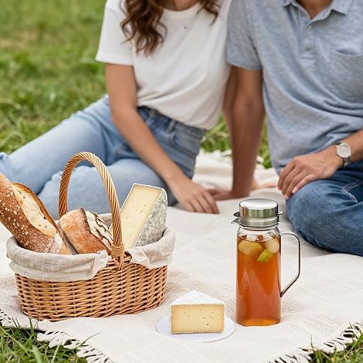 Photograph of a couple sitting on a white blanket, wearing casual clothes, with a wicker basket of bread, jar of iced tea, and
