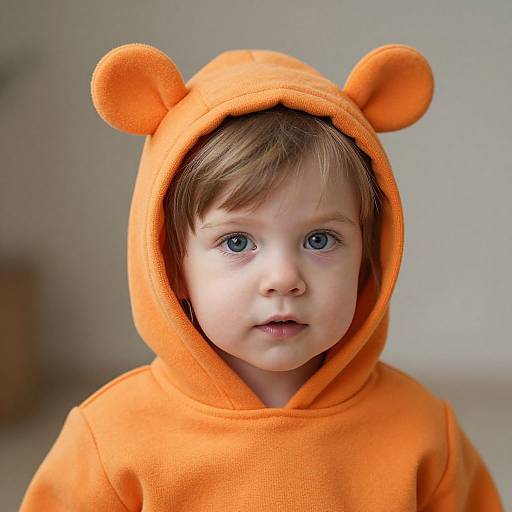 Photograph of a cute, blue-eyed toddler with light brown hair, wearing an orange hooded onesie with bear ear details, looking directly at the