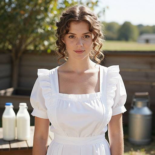Photograph of a young woman with curly brown hair, wearing a white, short-sleeved, square-neck dress, standing outdoors with milk bottles and