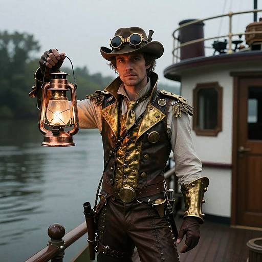 Brass-Trimmed Steampunk Riverboat Captain Portrait