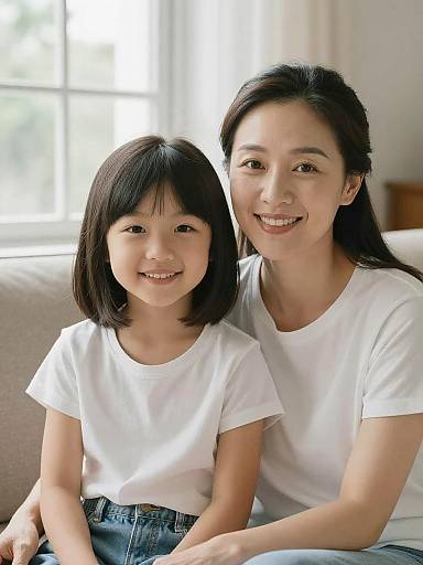 Smiling Mother and Daughter Sofa Portrait