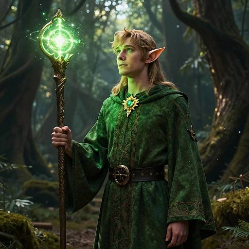 Fantasy CGI elf with pointed ears, green cloak, and ornate belt, holding glowing green staff in enchanted forest. Mysterious and magical atmosphere.
