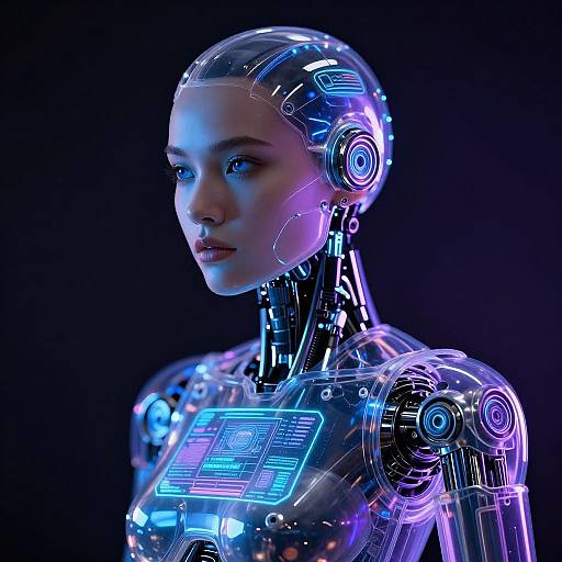 Photorealistic CGI of a glowing, futuristic female robot with blue and purple neon lights, transparent metallic head, and cybernetic chest display, against