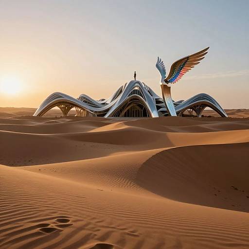 Photograph of futuristic, wave-like silver building with angel wing statue, set in golden desert sand dunes at sunset.