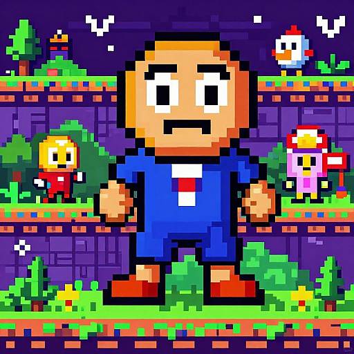 Pixel art of a blocky, bald, orange-skinned character in a blue outfit, standing in a colorful, mushroom-filled, night-time Mario-style