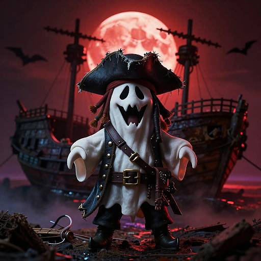 CGI pirate ghost with black tricorn hat, white face, and black belt stands menacingly before a red moonlit pirate ship.