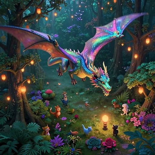 Vibrant, magical forest scene: colorful dragon with glowing scales soars above enchanted creatures and glowing lanterns, surrounded by lush flowers and dense trees