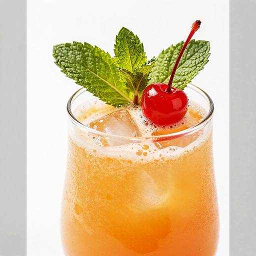 Photograph of a frothy orange cocktail in a clear glass, garnished with fresh green mint leaves and a bright red cherry with a red stem.