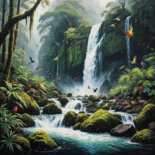 Vibrant Jungle Waterfall with Colorful Birds