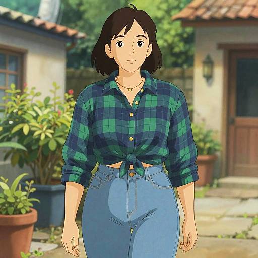 Casual Stylish Woman in Lush Courtyard