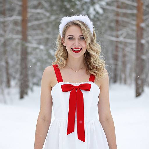 Blonde woman with curly hair, red bow, white dress, and furry headband smiles in snowy forest, standing center frame. Photograph.