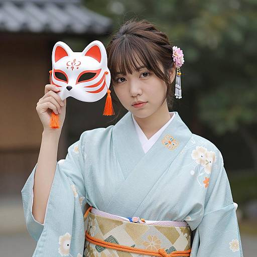 Elegant Asian Woman in Blue Kimono