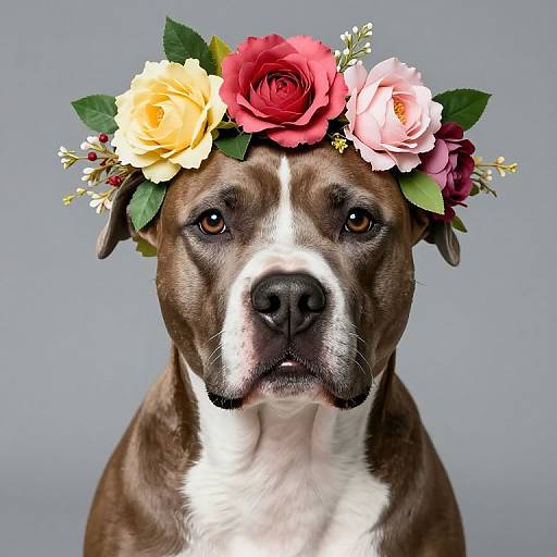 Photograph of a brown and white dog wearing a colorful flower crown with yellow, red, pink, and white roses, against a gray background.