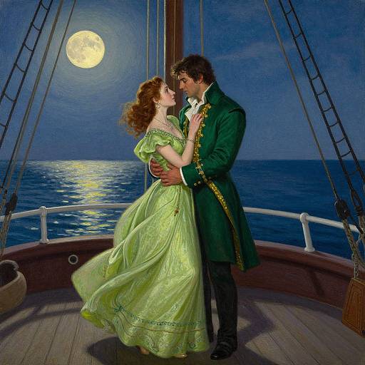 Romantic night scene: Man in green coat, woman in flowing green dress, moonlit ocean, sailboat deck, embracing under starry sky.