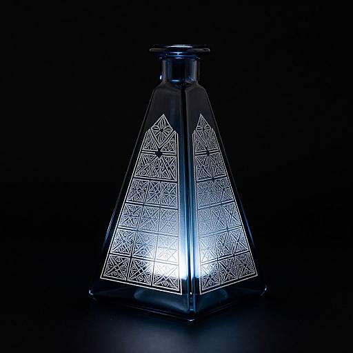 Photograph of a translucent, blue-lit triangular glass bottle with intricate white geometric patterns against a black background.