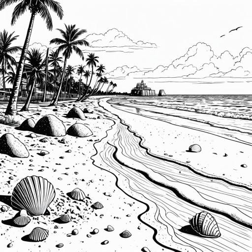 Line Art of Tranquil Beach with Seashells and Palm Trees
