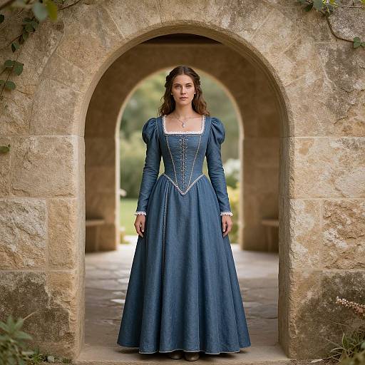 Photograph of a young woman with wavy brown hair, wearing a blue, long-sleeved, medieval-style dress, standing in a stone arch