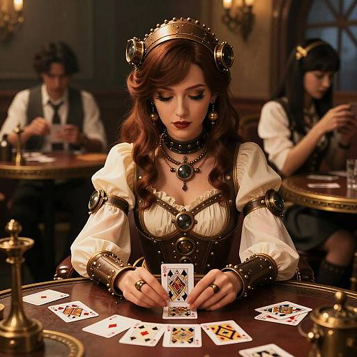 Steampunk-themed woman with brown wavy hair, crown, and elaborate dress plays cards in dimly lit, Victorian-style casino, surrounded by players