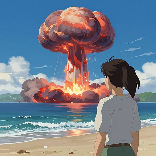 Digital anime-style drawing: A person with black hair in a ponytail, wearing a white shirt, watches a massive, fiery explosion over a beach with